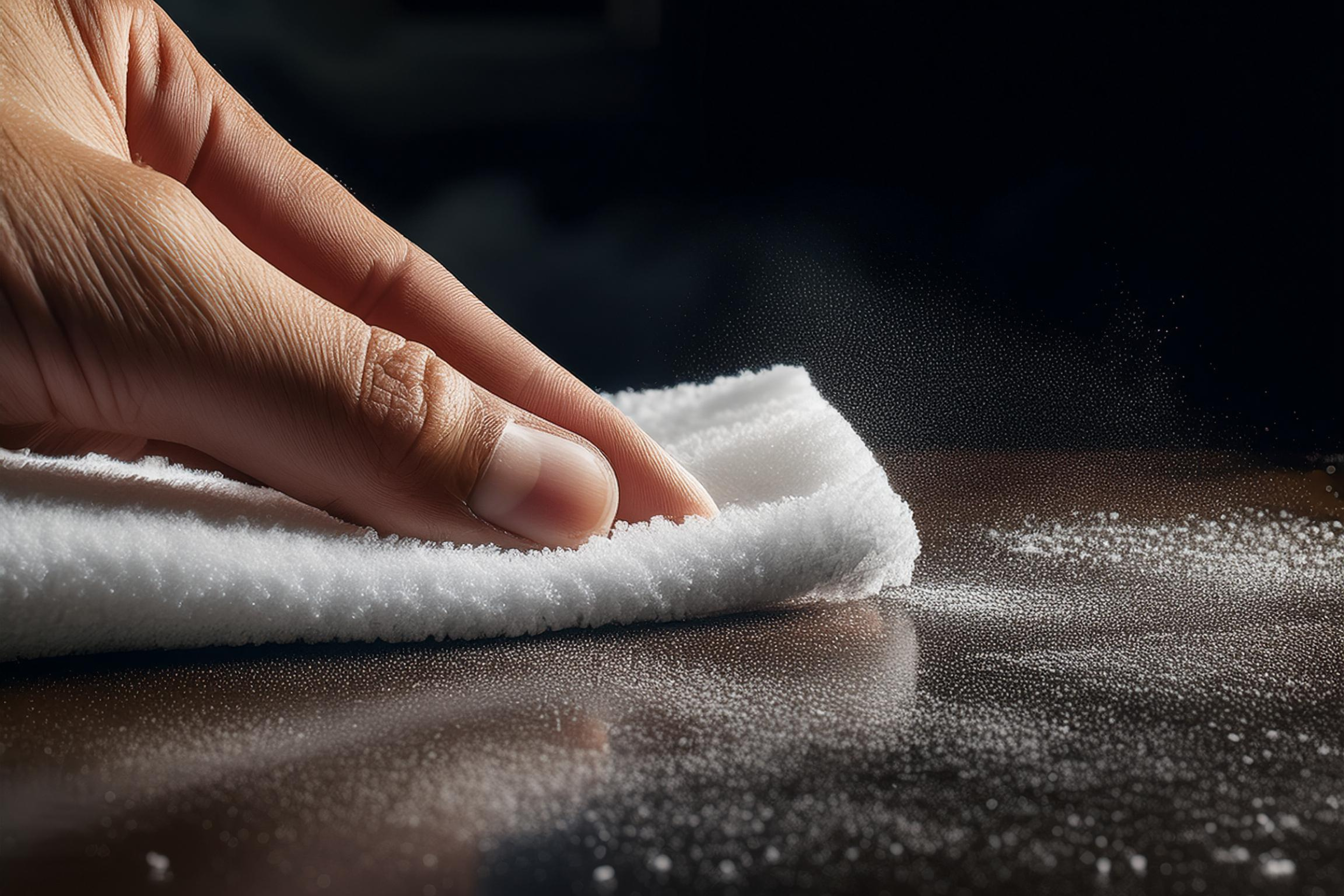 hand wiping white powder off flat surface