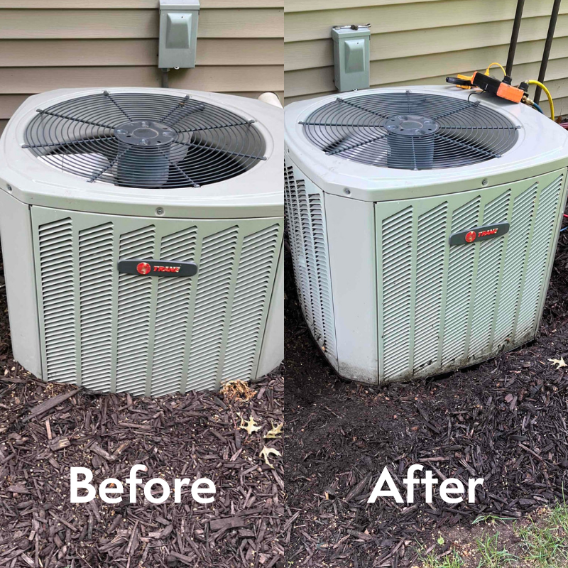 Side by side shot of ac maintenance before and after wood chips are cleaned out of the coil. 